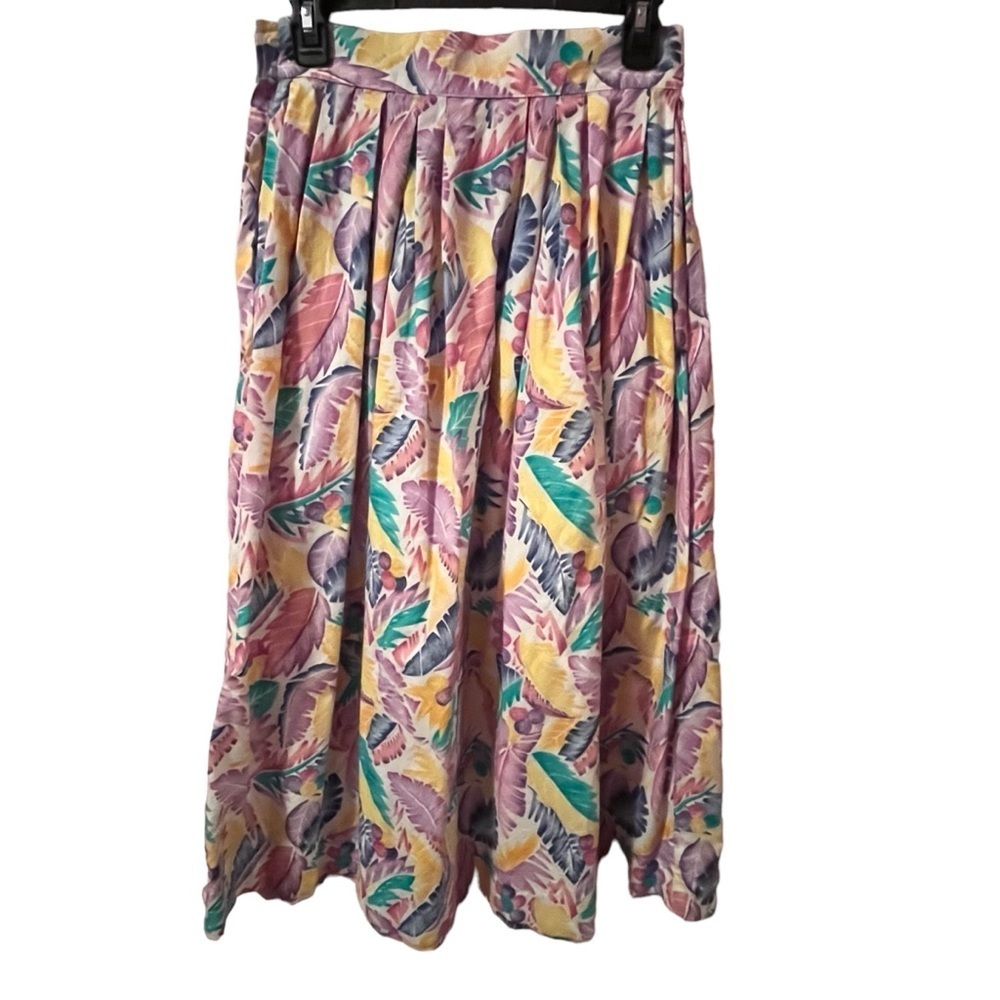VINTAGE 80S MIDI SKIRT TROPICAL FLORAL PRINT COLORFUL PASTELS SPRING SUMMER XS